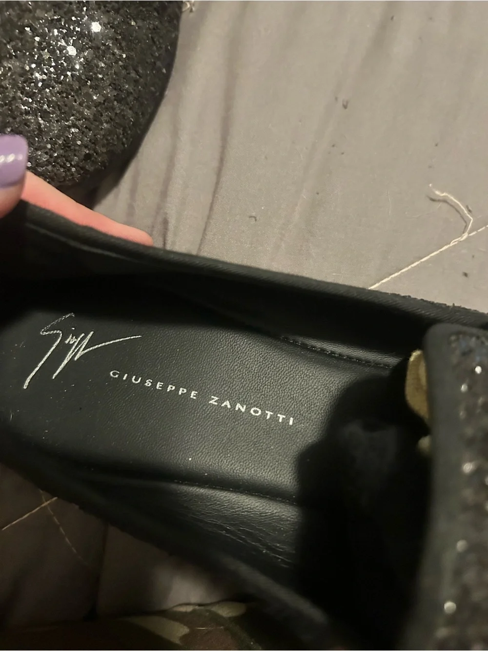 Giuseppe Zanotti Men's Black Sparkle Glitter Slip-On Loafers with Gold Logo